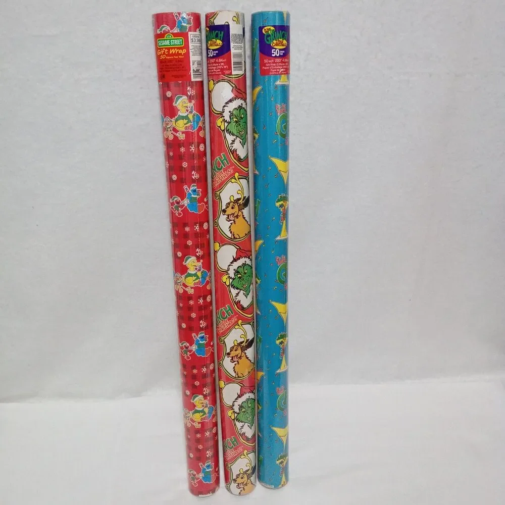 Vintage Christmas Gift Wrapping Rolls Set of 3 Grinch Sesame Street Made in USA